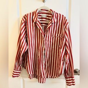 UO Red Striped Oversized Button Up